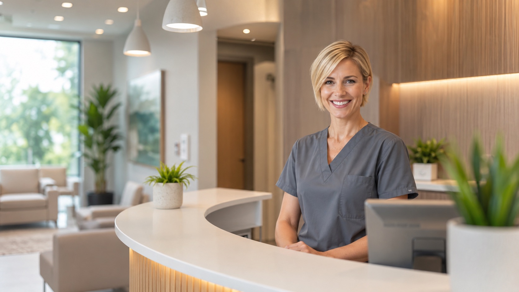 Helle, einladende Rezeption der Ergotherapie-Praxis mit warmem Licht und natürlichen Materialien