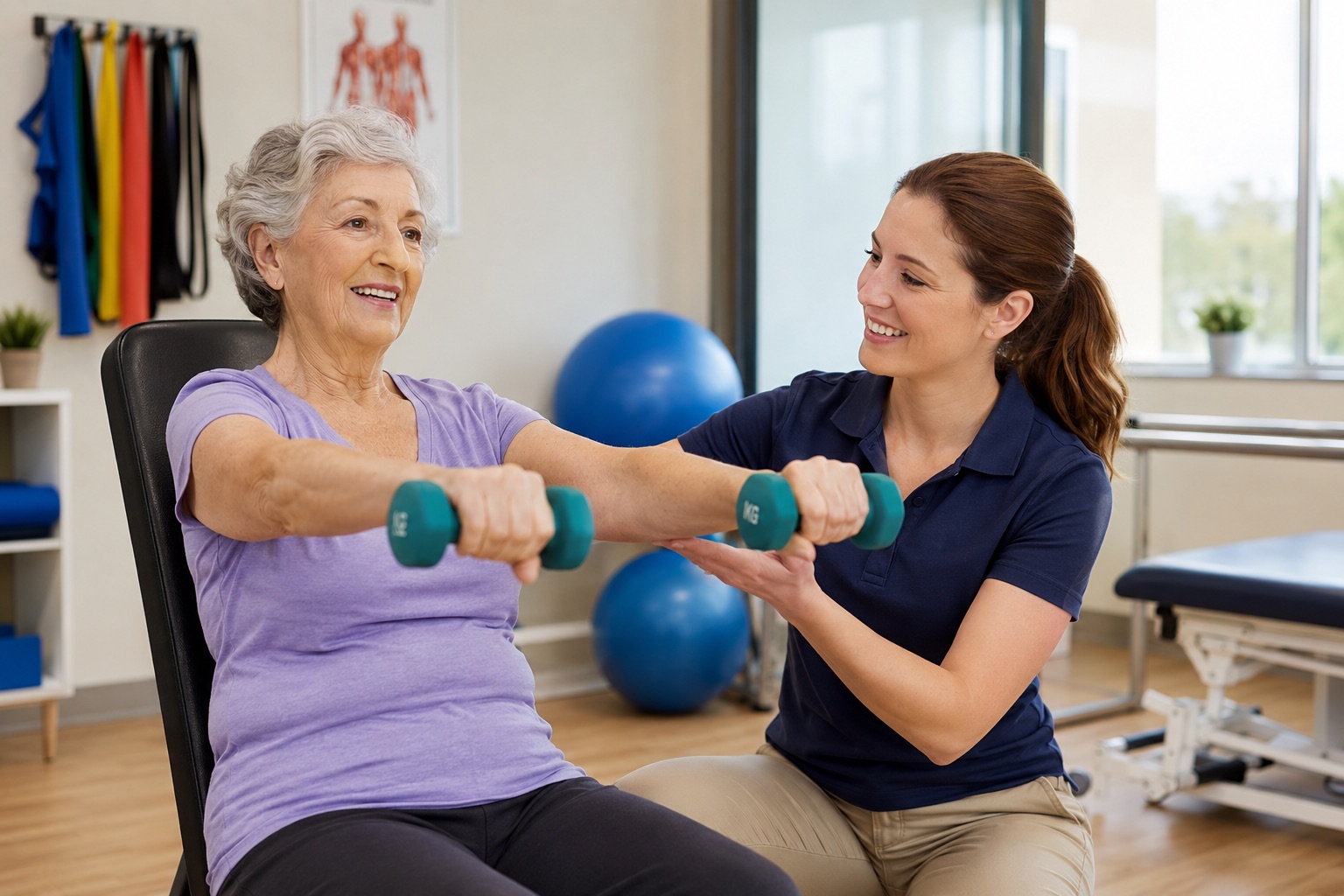 Ergotherapeutin unterstützt Patientin bei Rehabilitationsübungen
